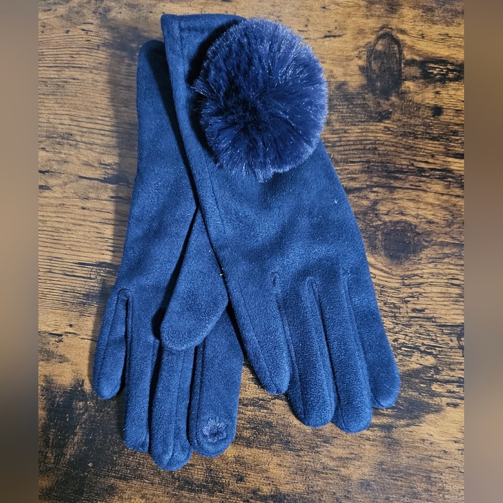 Elegant Navy Blue Gloves with Pom-Pom